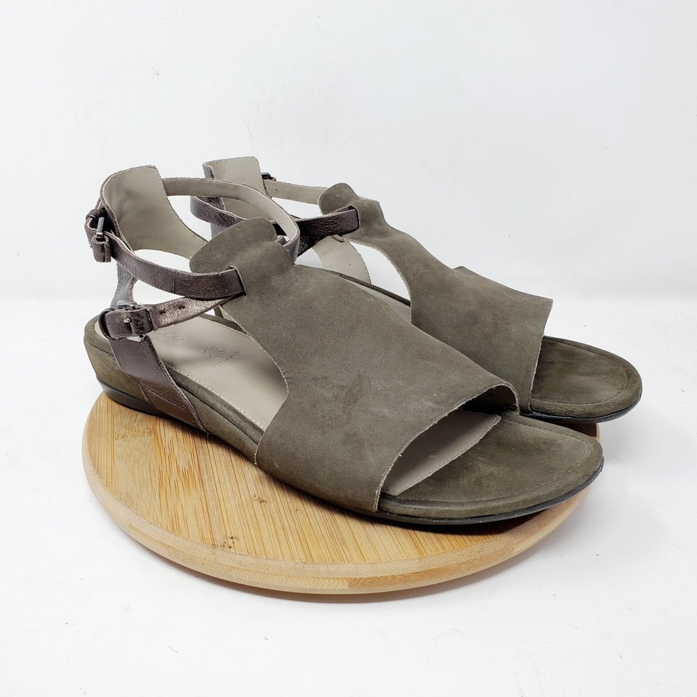 ECCO Sandals Womens 40 Touch 25 Grey Leather Strappy Wedge‎ Open Toe Shoes